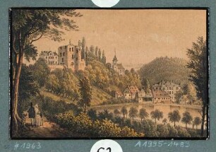 Tharandt, Blick über den Schlossteich auf die Burgruine und die Berg- und Stadtkirche