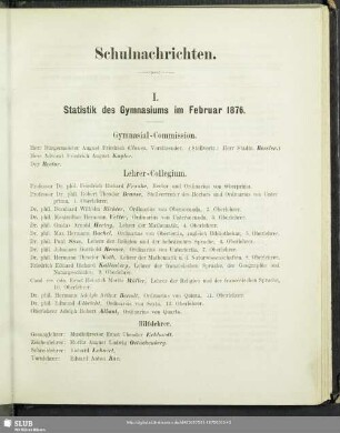 I. Statistik des Gymnasiums im Februar 1876
