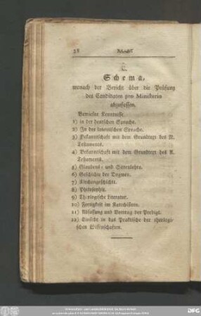 C. Schema, wonach der Bericht über die Prüfung des Candidaten pro Ministerio abzufassen.