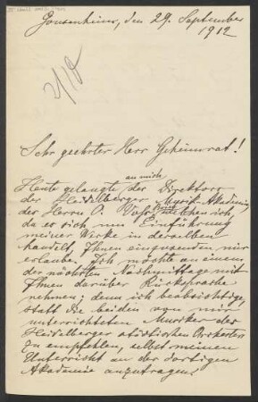 Brief an Ludwig Strecker  an B. Schott's Söhne : 29.09.1912