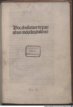 Vocabularius de partibus indeclinabilibus : mit Vorrede an den Leser