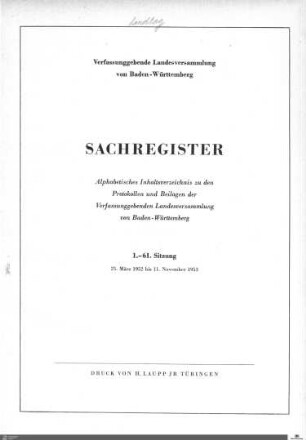 1: Verfassunggebende Landesversammlung Baden-Württemberg, Sachregister, 1952-1953