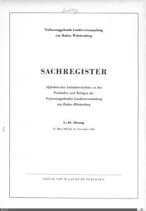 1: Verfassunggebende Landesversammlung Baden-Württemberg, Sachregister, 1952-1953