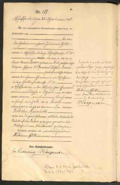 Standesamtsbuch der Stadt Aschaffenburg: Geburten 365/1900 - 184/1901