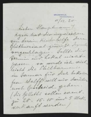 Brief von Samuel Fischer an Gerhart Hauptmann
