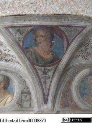 Persönlichkeiten aus der römischen Geschichte, Büsten anonymer Persönlichkeiten, von Grotesken umrahmt, Junger Mann mit blondem Haar im Dreiviertelprofil nach links; Grotesken auf grünem Grund