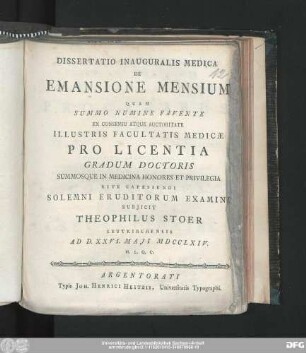 Dissertatio Inauguralis Medica De Emansione Mensium