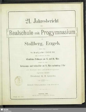 21.1893/94: Jahresbericht der Realschule mit Progymnasium zu Stollberg i. Erzgeb. : über das Schuljahr ...
