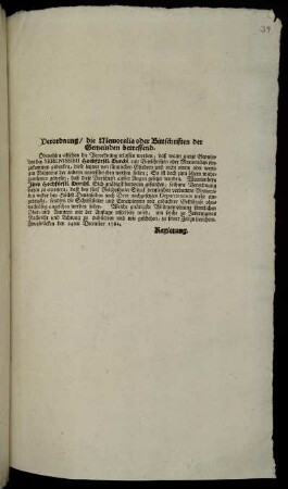 Verordnung, die Memoralia oder Bittschriften der Gemeinden betreffend : Zweybrücken den 24ten December 1761.