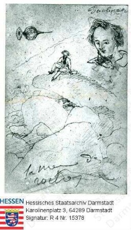 Büchner, Georg, Dr. phil. (1813-1837) / Porträt im Felsenmeer bei Reichenbach im Odenwald auf gemeinsamer Wanderung mit Alexis Mouston / Ganzfigur auf Felsen sitzend und Kopfbild
