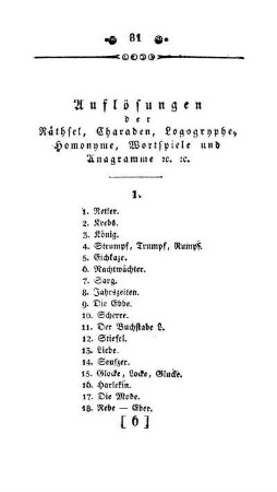Auflösungen der Räthsel, Charaden, Logogryphe, Homonyme, Wortspiele und Anagramme [et]c. [et]c.