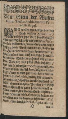 Vom Stein der Weisen der 10. Tractat Archidoxorum Paracelsi Magni