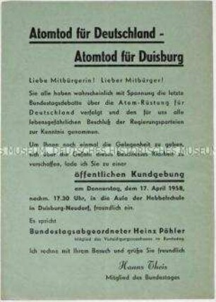 Aufruf zu einer Kundgebung gegen die Rüstungspolitik der Bundesrepublik