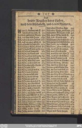 Das dritte Register derer Lieder, nach dem Alphabeth, und denen Numern.