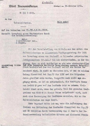 Schreiben des Finanzministeriums betreffs Erwerbung eines Hautsauriers durch die Naturaliensammlung