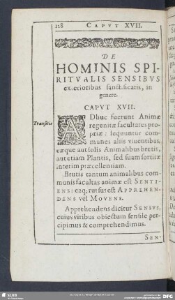 De Hominis Spiritualis Sensibus exterioribus sanctificatis, in genere. Caput XVII.