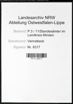 Sterberegister Standesamt Vennebeck