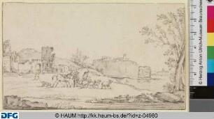 Ziegenhirten mit Hund und Herde in einer Landschaft