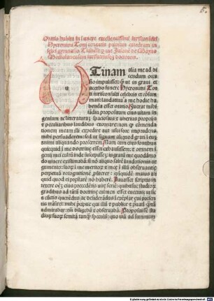 Oratio habita in funere Hieronymi Torti : Pavia, 1484.08.11. Mit Vorrede des Autors an Lodovico Maria Sforza