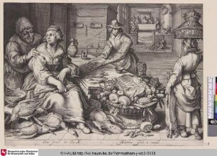 [Küchenszene mit einem Mädchen Geflügel bereitend; Kitchen scene with a maid drawing poultry. The parable of rich man and the poor Lazarus [Luke 16:19-31] ]