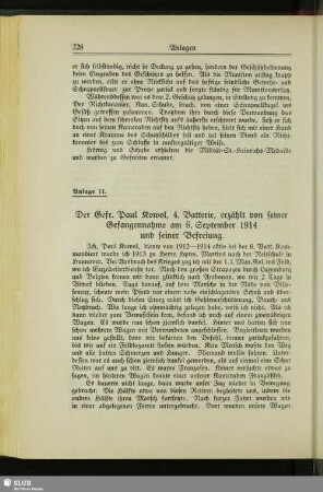 Anlage 11: Der Gefr. Paul Kowol, 4. Batterie, erzählt von seiner Gefangennahme am 6. September 1914 und seiner Befreiuung