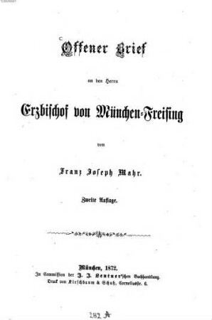 Offener Brief an den Herrn Erzbischof von München-Freising von Franz Joseph Mahr