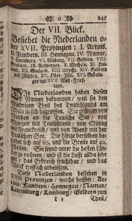 Der VII. Blick. Besiehet die Niederlanden oder XVII. Provinzien: [...]