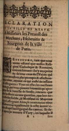 Declaration De La Ville De Meavx, A Messievrs le Preuost des Marchans Escheuins & Bourgeois de la ville de Paris