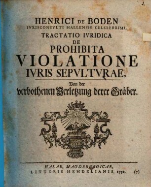 Henrici De Boden Ivrisconsvlti Hallensis Celeberrimi, Tractatio Ivridica De Prohibita Violatione Ivris Sepvltvrae : = Von der verbothenen Verletzung derer Gräber