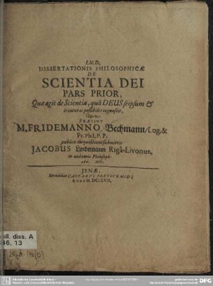 1: Dissertationis philosophicae de scientia dei pars ...