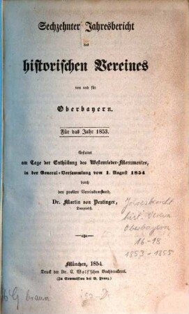 Jahresbericht des Historischen Vereins von Oberbayern. 16. 1853 (1854)