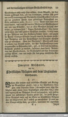 Zweyter Abschnitt, von der Christlichen Religion und dem Unglauben überhaupt