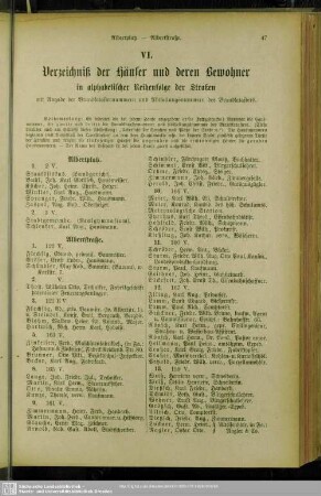 VI. Häuserbuch : VI. Verzeichniß der Häuser und derer Bewohner in alphabetischer Reihenfolge der Straßen