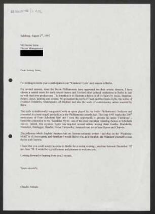 Brief an Jeremy Irons, 02.08.1997