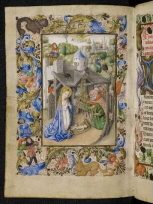 Vollbordürenseite mit Miniatur (Geburt Christi) und bewohnter Blattrankenbordüre