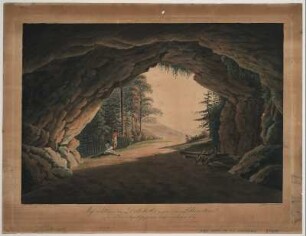 Aussicht aus dem Diebskeller zum Lilienstein, kolor. Umrißradierung, um 1825 : Aussicht aus dem Diebskeller gegen den Lilienstein / nach der Natur gezeichnet von J. F. Wizani. Gefertigt von C. A. Wizani. - Dresden : Schultze , [ca. 1825]. - 1 Kunstbl. : kolor. Umrißradierung ; 34 x 24 cm