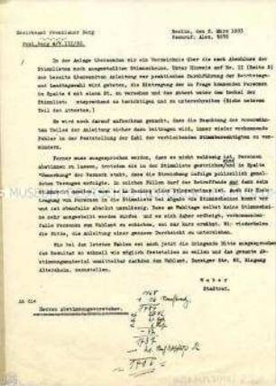 Rundschreiben an die Abstimmungsvorsteher eines Wahlbezirkes in Berlin bei der Reichstagswahl 1933