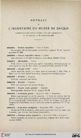 Extrait de l'inventaire du musée de Ghizeh comprenant les objets entrés dans les collections du 1er janvier au 31 décembre 1893