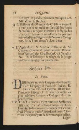 Sectio Ima. In Folio.