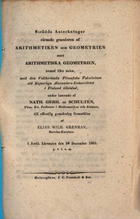 Strödda Anteckningar rörande grunderna af Arithmetiken och Geometrien, samt Arithmetiska Geometrien : Respond., 12