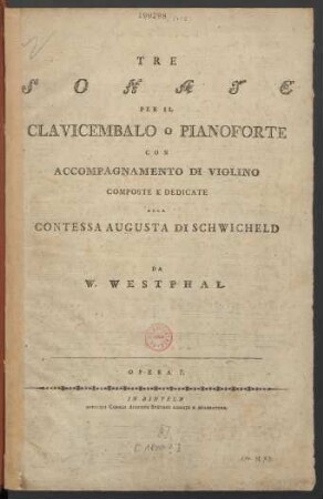 Tre Sonate Per Il Clavicembalo o Pianoforte Con Accompagnamento Di Violino Opera 7.