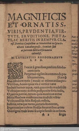 Magnificis Et Ornatiss. Viris, Prudentia … M. Laurentius Rhodomannus S. P. D.