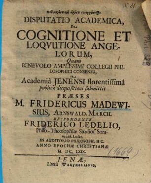 Disputatio Academica, De Cognitione Et Loqvutione Angelorum