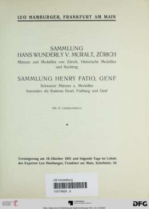 Sammlung Hans Wunderly v. Muralt, Zürich : Münzen und Medaillen von Zürich, historische Medaillen und Nachtrag (Katalog Nr. 93)