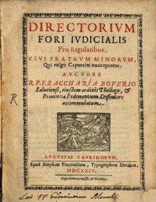 Directorium fori judicialis pro Regularibus usui F. F. Minor. qui vulgo Capuccini nuncupantur