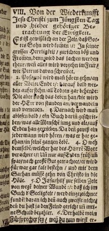 VIII. Von der Wiederkunfft Jesu Christi zum Jüngsten Tag und hieher gehöriger Betrachtung der Ewigkeit.
