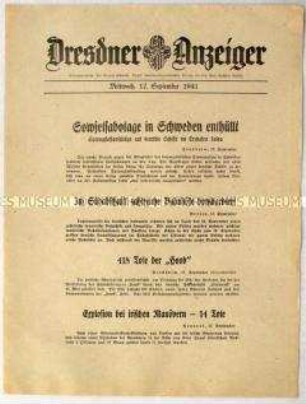 Nachrichtenblatt "Dresdner Anzeiger" u.a. zur Bombardierung sowjetischer Bahnhöfe und Flugplätze