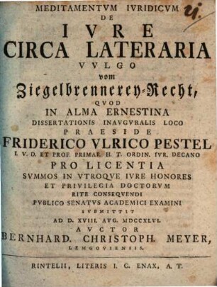 Meditamentvm Ivridicvm De Ivre Circa Lateraria Vvlgo vom Ziegelbrennerey-Recht