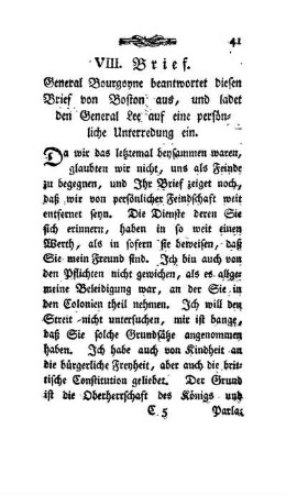 VIII. Brief - General Bourgoyne ladet den General Lee auf eine persönliche Unterredung ein
