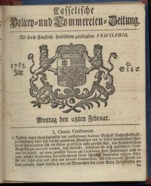 9. Stueck, Montag den 28ten Februar 1763